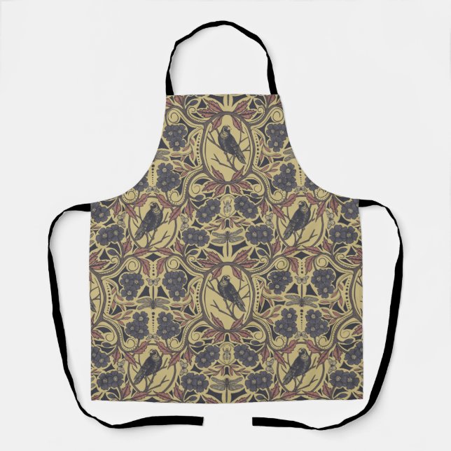 Mauve, Tan & Grey Crow & Dragonfly Floral Apron (Front)