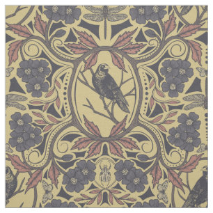 Mauve, Tan & Grey Crow & Dragonfly Floral Fabric