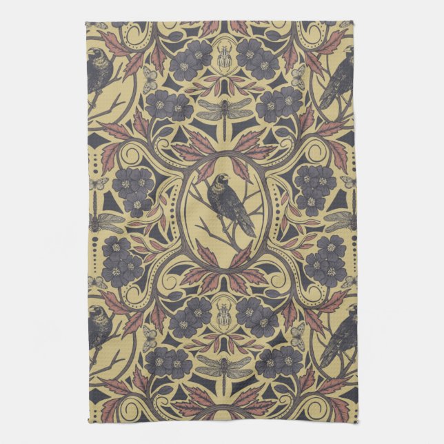 Mauve, Tan & Grey Crow & Dragonfly Floral Kitchen Towel (Vertical)