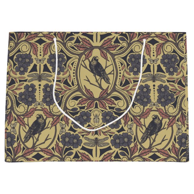 Mauve, Tan & Grey Crow & Dragonfly Floral Large Gift Bag (Front)