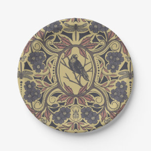 Mauve, Tan & Grey Crow & Dragonfly Floral Paper Plate
