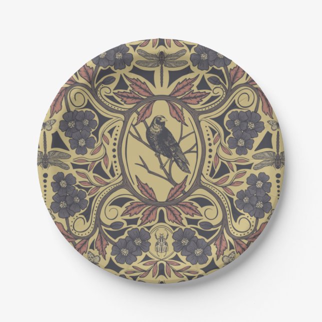 Mauve, Tan & Grey Crow & Dragonfly Floral Paper Plate (Front)