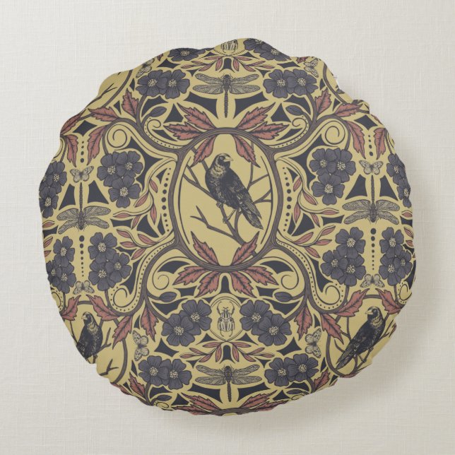 Mauve, Tan & Grey Crow & Dragonfly Floral Round Pillow (Back)