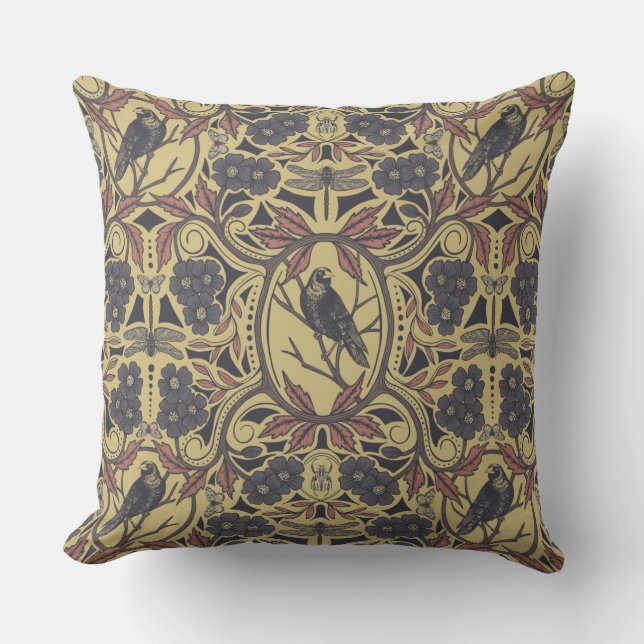Mauve, Tan & Grey Crow & Dragonfly Floral Throw Pillow (Front)