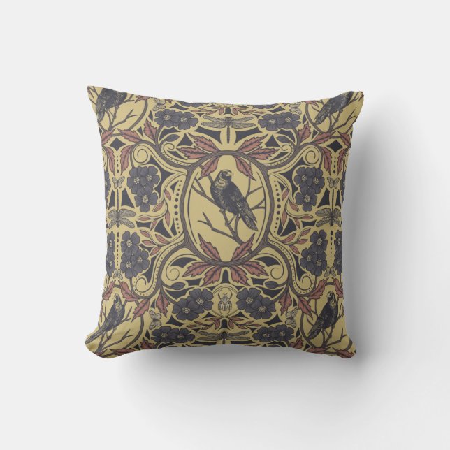 Mauve, Tan & Grey Crow & Dragonfly Floral Throw Pillow (Front)