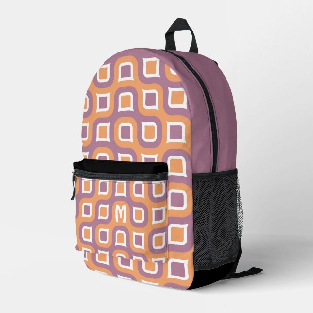 Mauve Taupe Peach Orange White Midcentury Pattern Printed Backpack (Back Corner Right)