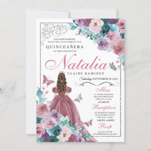 Mauve & Teal Ocean Sunset Princess Quinceanera Invitation