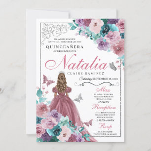 Mauve & Teal Ocean Sunset Princess Quinceanera Invitation