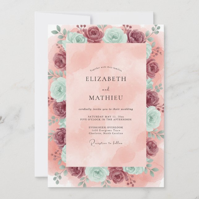 Mauve Teal Ranunculus Eucalyptus Wedding Invitation (Front)