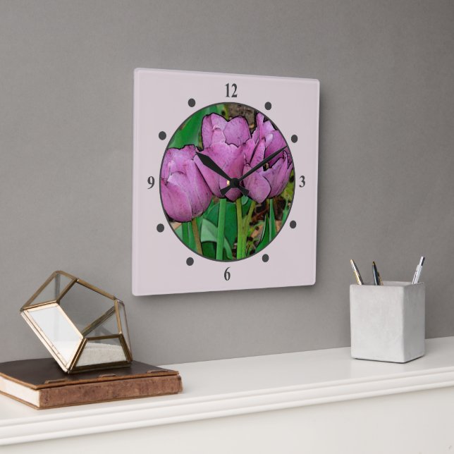 "MAUVE TULIPS" SQUARE WALL CLOCK (Office)