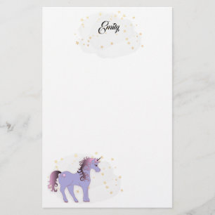 Mauve Unicorn and Gold Stars Stationery