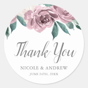 Mauve Watercolor Roses Floral Thank You Classic Round Sticker