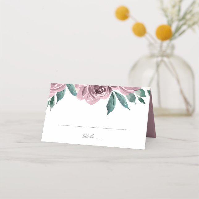 Mauve Watercolor Roses Floral Wedding Folded Place Card (Front)