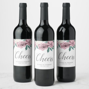 Mauve Watercolor Roses Floral Wedding Wine Label