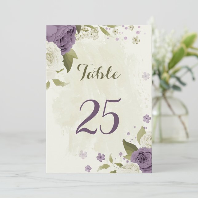 mauve white flowers greenery table number card (Standing Front)