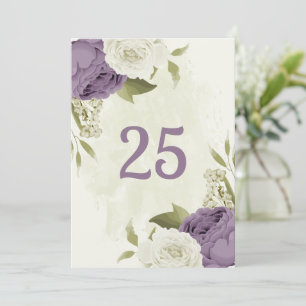 mauve white flowers greenery table number card