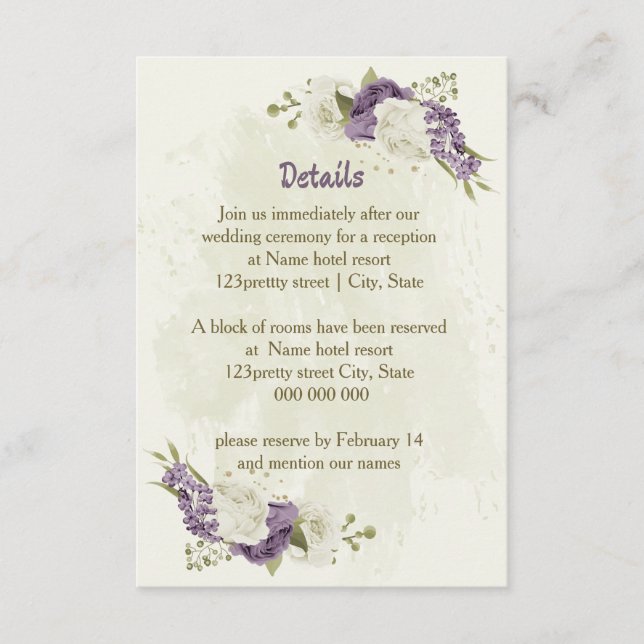 mauve white flowers greenery wedding details enclosure card (Front)