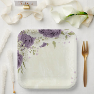 mauve white flowers greenery wedding paper plate
