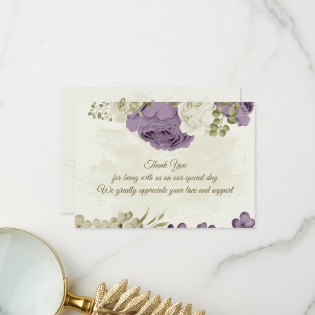 mauve white flowers greenery wedding thank you card (Front/Back In Situ)