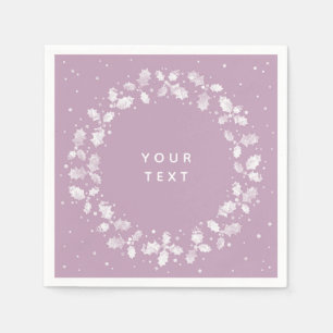 Mauve + White Hand Printed Holly Wreath Christmas Napkin