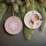 Mauve Winter Snowflake First Christmas Photo Ceramic Ornament<br><div class="desc">Ceramic holiday ornament personalized with your baby's photo and custom "My First Christmas" text. This simple modern holiday design features a white snowflake on a dusty pink background. Use the design tools to choose any background colour, edit text fonts and colours and add your own photos to create your own...</div>