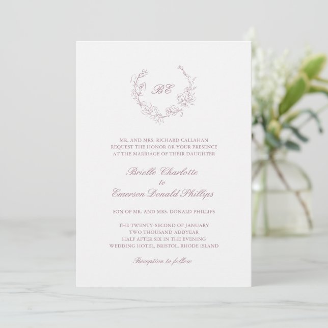 Mauve Wreath Monogram Elegant Wedding Invitation (Standing Front)