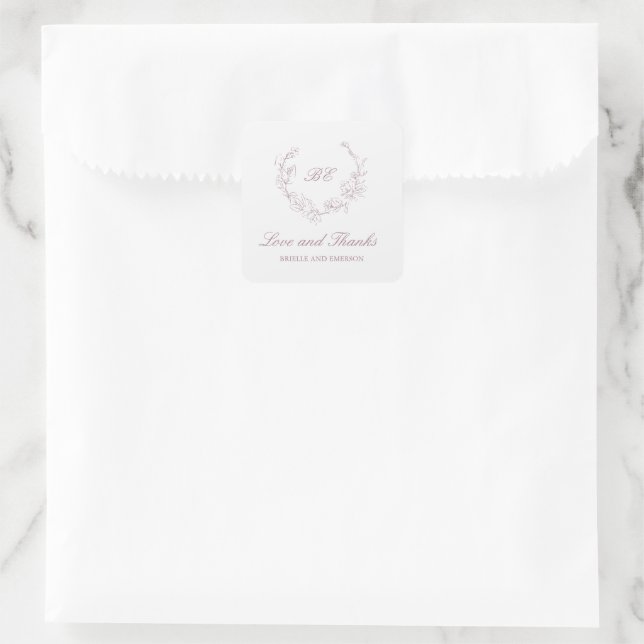 Mauve Wreath Monogram Elegant Wedding Square Sticker (Bag)