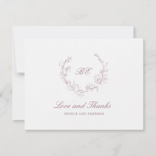 Mauve Wreath Monogram Photo Elegant Wedding Thank You Card