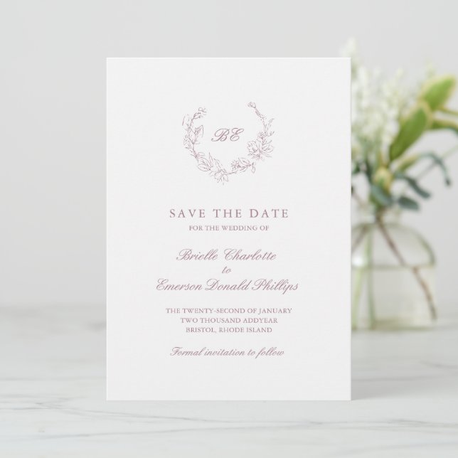 Mauve Wreath Monogram QR Code Elegant Wedding Save The Date (Standing Front)