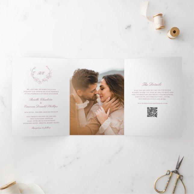 Mauve Wreath Monogram QR Code Elegant Wedding Tri-Fold Invitation (Inside)