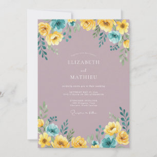 Mauve Yellow Teal Floral Watercolor Wedding Invitation
