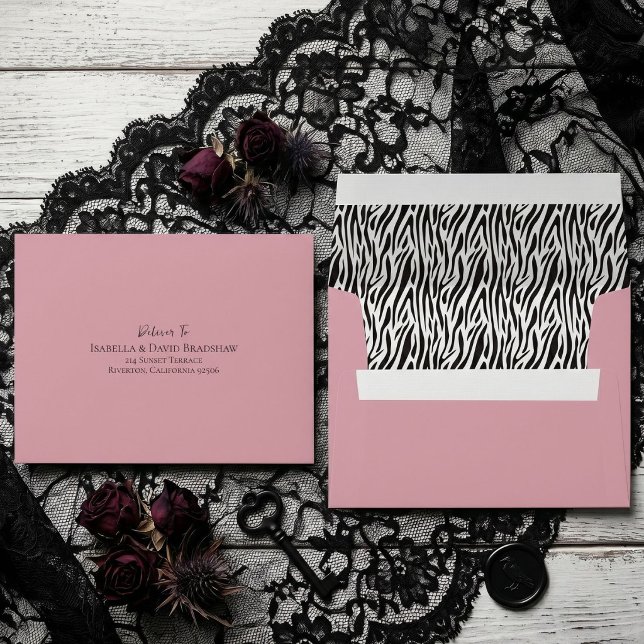 Mauve Zebra Print Sender and Return Address Envelope (Mauve Pink Zebra Print Envelope with Return Address and Deliever To Address for Wild One Baby Shower)
