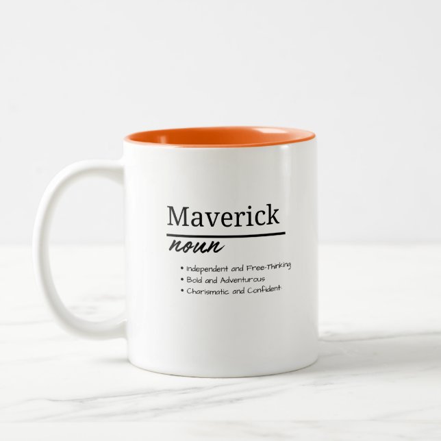 Maverick, Boy Personalized Name Definition Two-Tone Coffee Mug (Left)