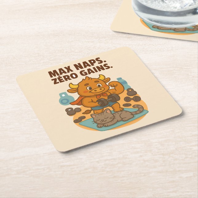 Max Naps, Zero Gains – Funny Bullio Gym Cat  Square Paper Coaster (Angled)