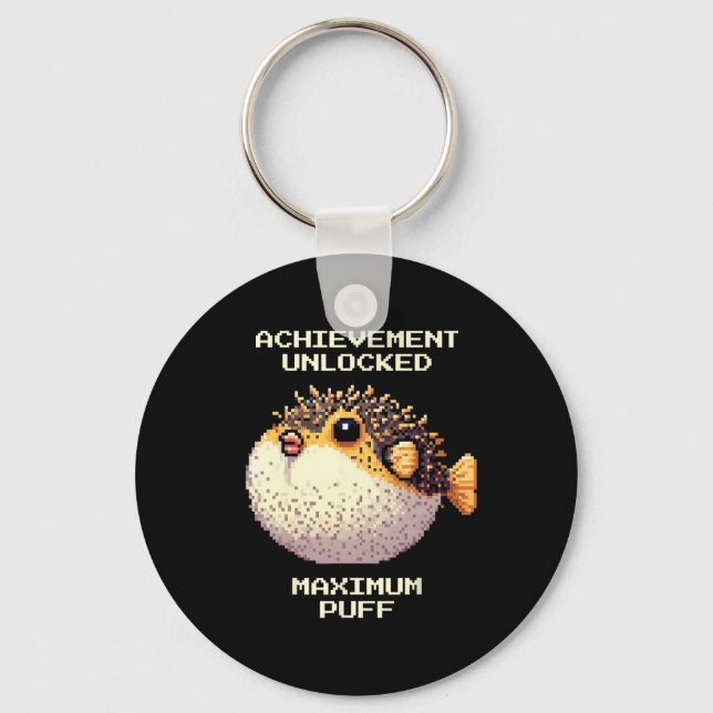 Max Puff Achieved Pixel Pufferfish Retro Gamer Art Keychain (Front)