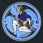 Maxfield Parrish-y Hanukkah Elf Classic Round Sticker<br><div class="desc">Decorate your envelopes,  gift packages,  & more w/ IconDoIt's original variation on a classic 1920's Maxfield Parrish elf character w/ White & black polka dot leggings   cobalt blue pancho   a menorah on his shoe,  on a periwinkle background &  the greeting,  "Happy Hanukkah". Choose from 2 sizes</div>