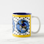 Maxfield Parrish-y Hanukkah Elf v2 Two-Tone Coffee Mug<br><div class="desc">Cheerful holiday mug featuring Jewbilee's original variation of a pre-WWI Maxfield Parrish elf w/ white & black polka dot leggings a menorah on his shoe greeting "Happy Hanukkah" on periwinkle medallion,  polka dot background & sunny yellow borders.</div>