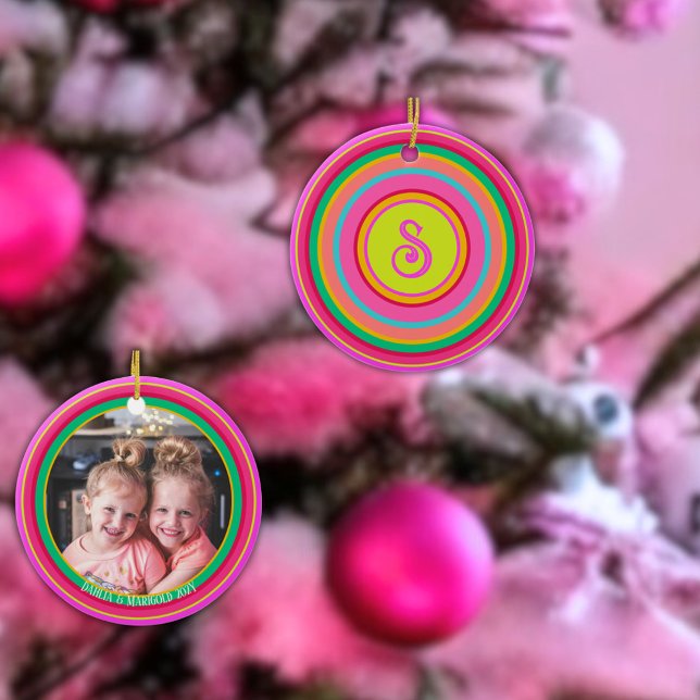 Maximal Colourful Bright Stripes Monogram Photo Ceramic Ornament (Colorful strioed monogram photo ornament personalized with names and years. Pinks, greens, orange, r)