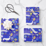 Maximal Hanukkah Wrapping Paper Sheet<br><div class="desc">Colourful dreidels,  menorahs,  and stars on a rich blue background.</div>