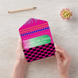 Maximalism Birthday Colorful Checkered Floral  All In One Invitation