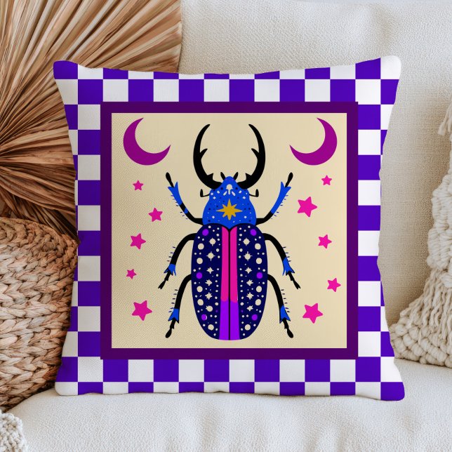 Maximalist Beetle Insect Design Chequered Pattern  Throw Pillow (Creator Uploaded)