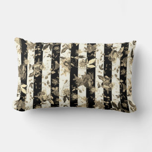Maximalist Beige Flowers Black White Stripe Lumbar Pillow