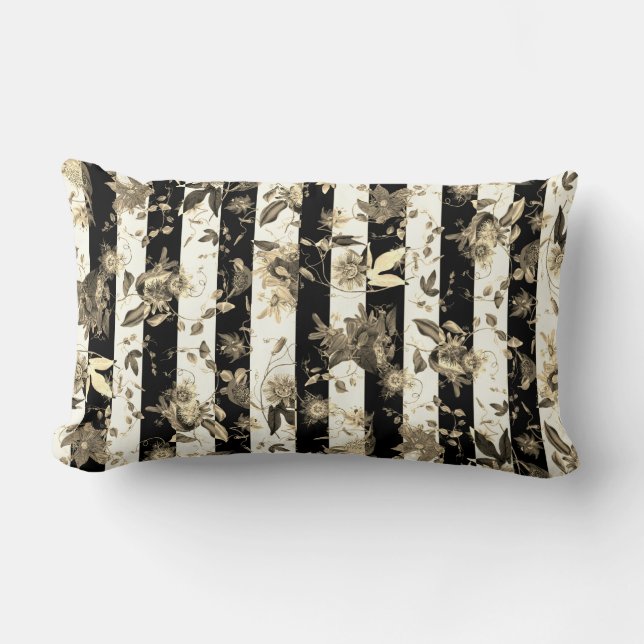 Maximalist Beige Flowers Black White Stripe Lumbar Pillow (Front)