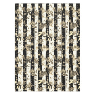 Maximalist Beige Flowers Black White Stripe Tablecloth
