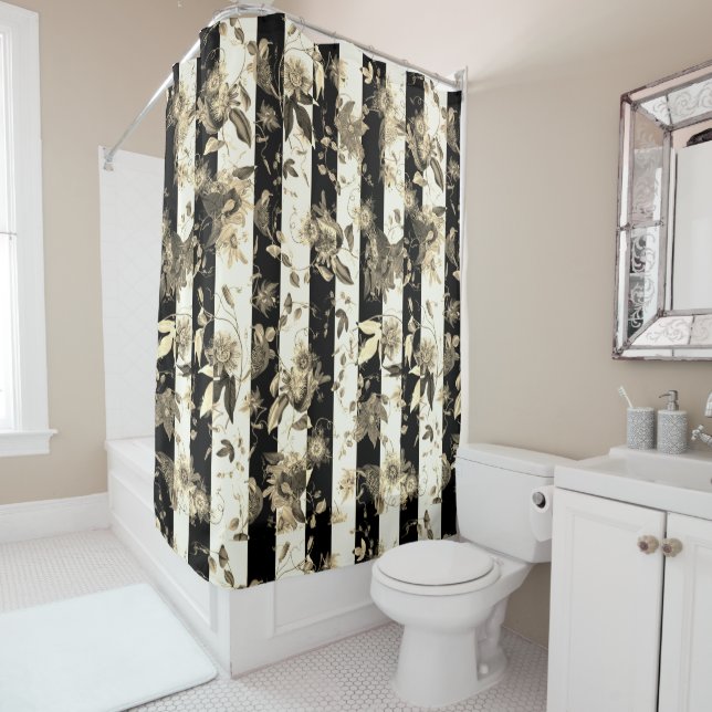 Maximalist Beige Flowers on Black White Stripe (In Situ)
