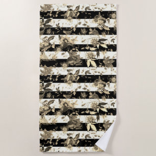 Maximalist Beige Flowers on Black White Stripe Beach Towel