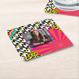 Maximalist Birthday Photo Patterns Colourful Square Paper Coaster