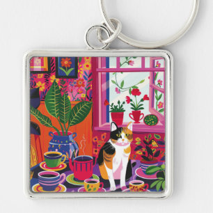 Maximalist Calico Cat and Tea Room Keychain