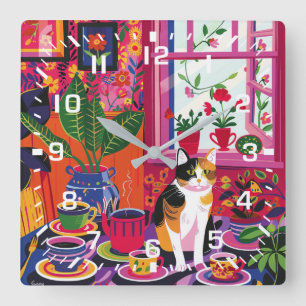 Maximalist Calico Cat and Tea Room Square Wall Clock