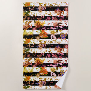 Maximalist Colourful Flowers Black White Stripe Beach Towel
